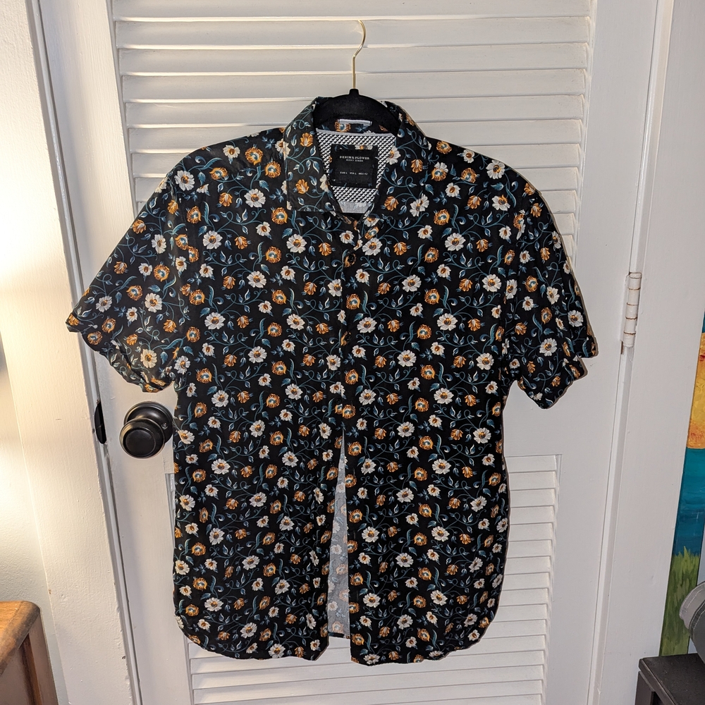 Denim & Flower Black Floral Casual Button Down Shirt